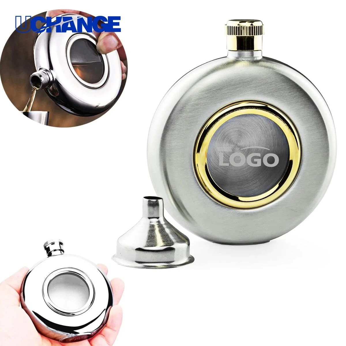 Round Stainless Steel Flask Container with Glass (5 Oz) 1
