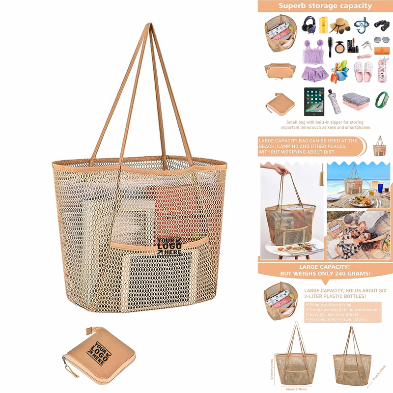 Women Multiple Pockets Mesh Beach Tote Bag
