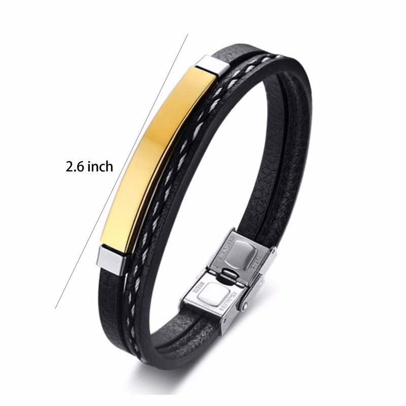 Stainless Steel Curved PU Leather Woven Bracelet