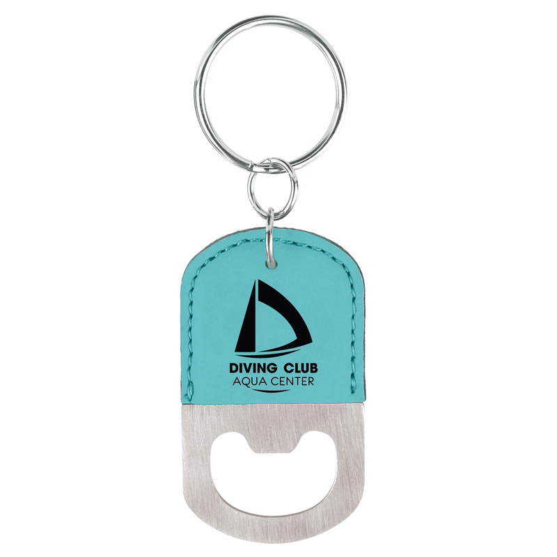 Teal Oval Leatherette Bottle Opener Keychain