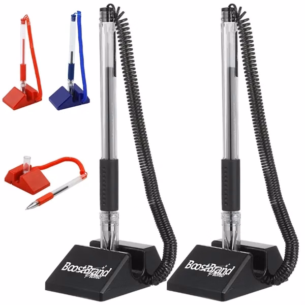 Custom Coil Tethered Pen with Weighted Base — Countertop Reception Desk Promo