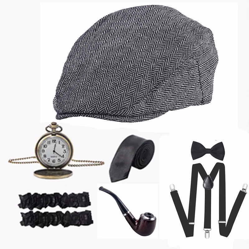 1920S Mens Cap Vintage Pocket Watch Pre Tied Bow Tie