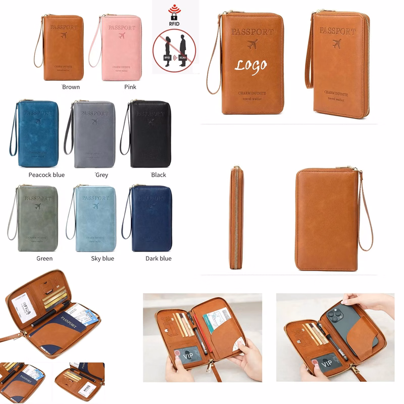 RFID Rectangular Zipper PU Leather Travel Passport Bag
