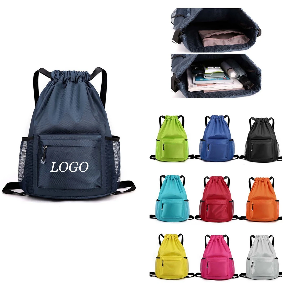 Waterproof Drawstring Backpack With Side Pockets (Custom) 1