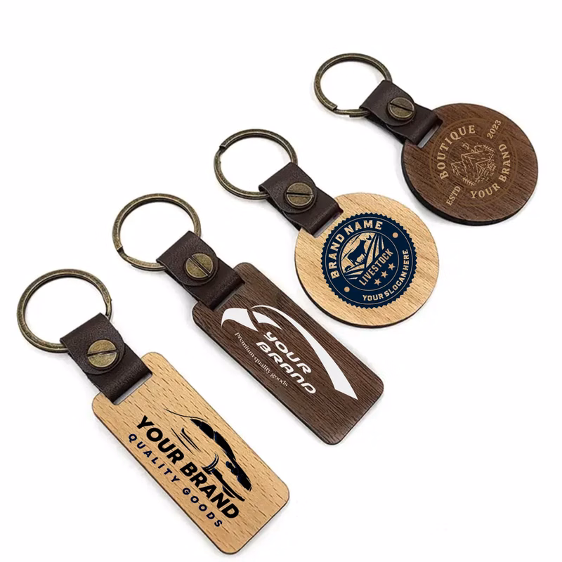 Wooden Keychain With Imitation Leather And Iron Findings