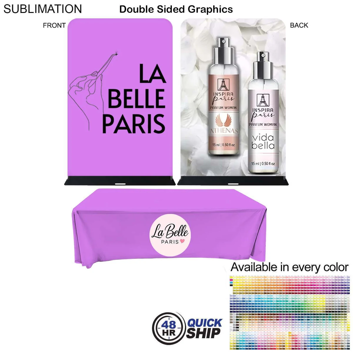 48Hr Quick Ship - Event package, 5'W Fabric banner and Premium 8' tablecloth closed back 1