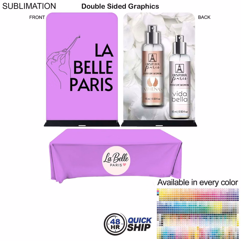 48Hr Quick Ship - Event package, 5'W Fabric banner and Premium 8' tablecloth closed back