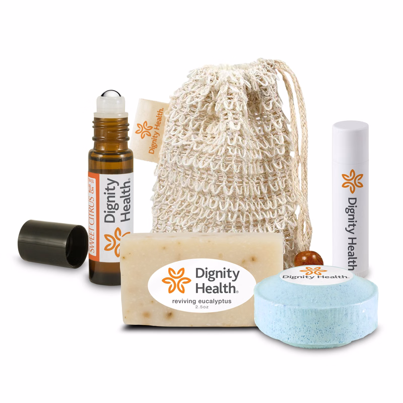 Loofah Bag with Roll-on Oil, Mini Soap, Shower Steamer, and Lip Balm