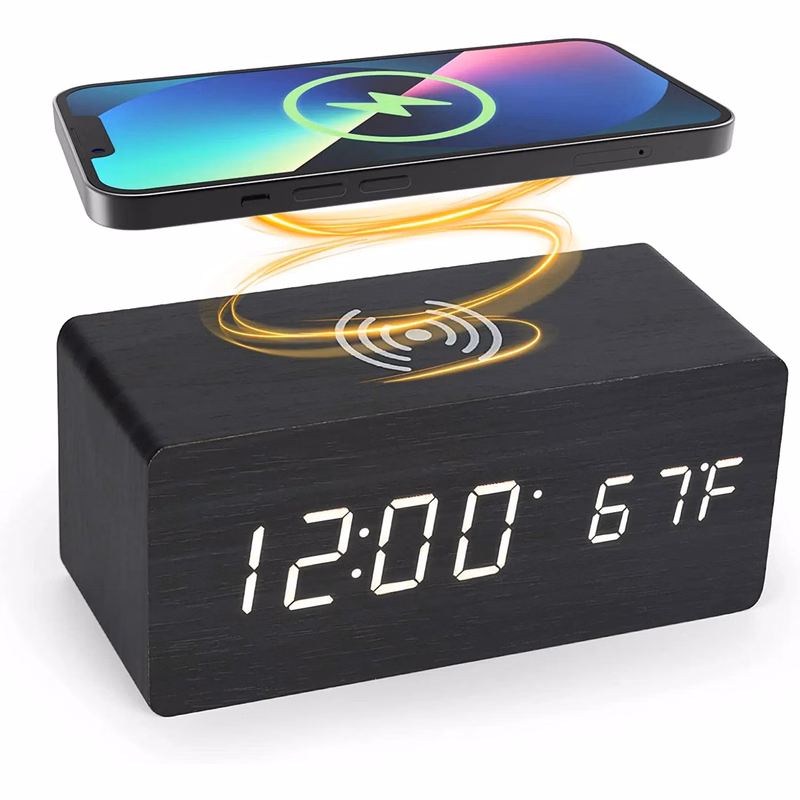 5W Wooden Qi Fast Wireless Charger with Digital Led Clock