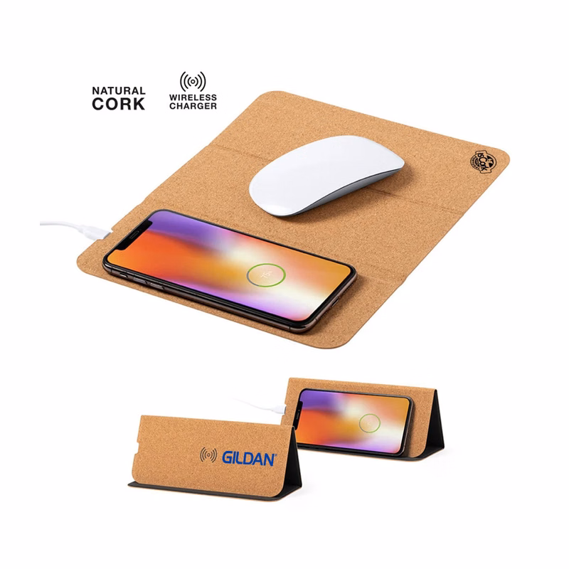 Multi-Function Foldable Wireless Charger with Phone Stand & Cork Mousepad