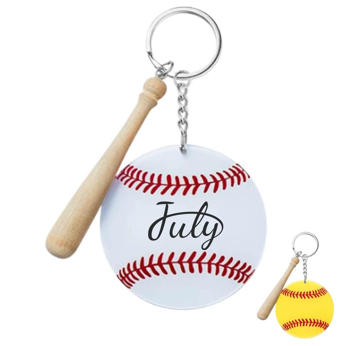 Acrylic Baseball Keychain with Wooden Bat Charm 1