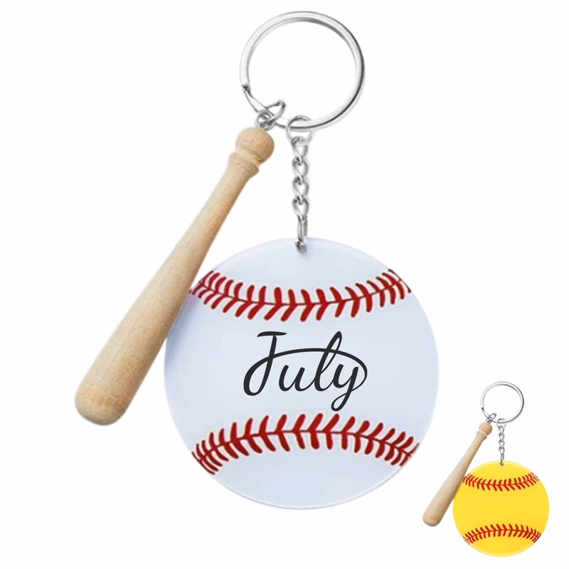 Acrylic Baseball Keychain with Wooden Bat Charm
