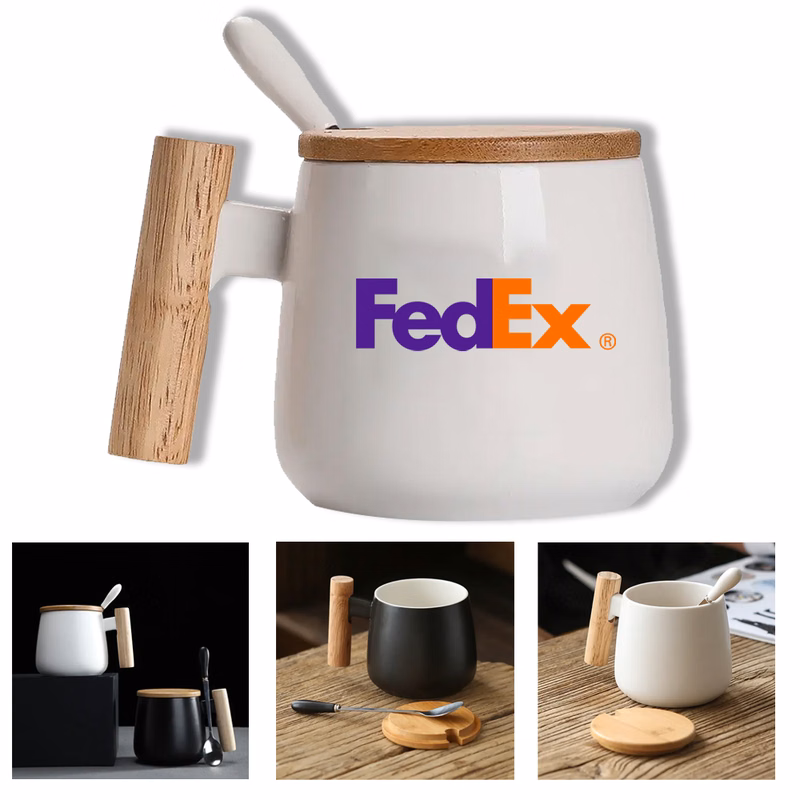 Bamboo-Handled Ceramic Mug w/ Lid & Spoon