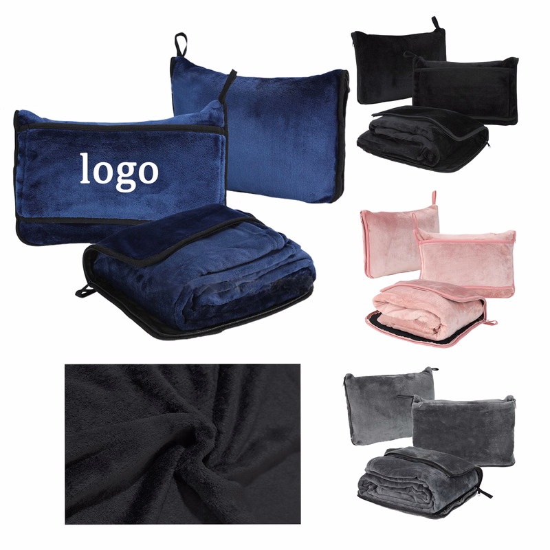 MOQ 30 Flannel Folding Travel Blanket Pillow 43.5"L x 61"W