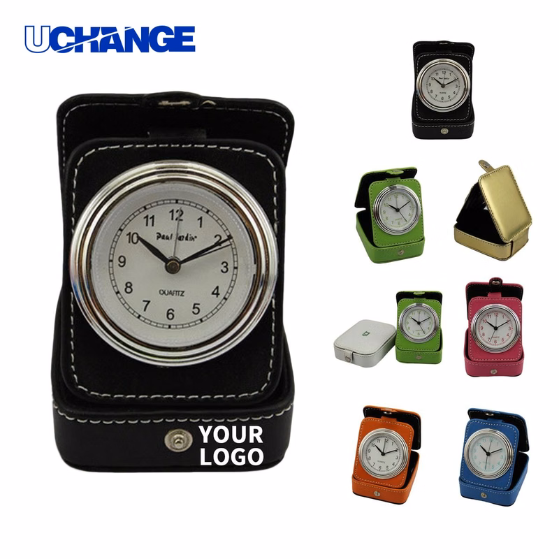 Folding Faux Leather Travel Alarm Clock Desk Clock with Analog Movement