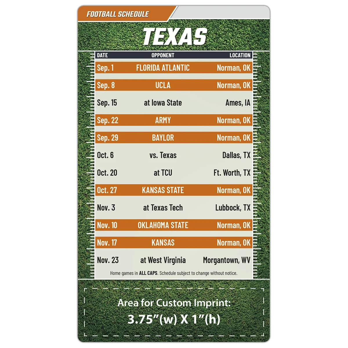 Magnet Football Sport Schedules - 4x7 Round Corners - TEX 1