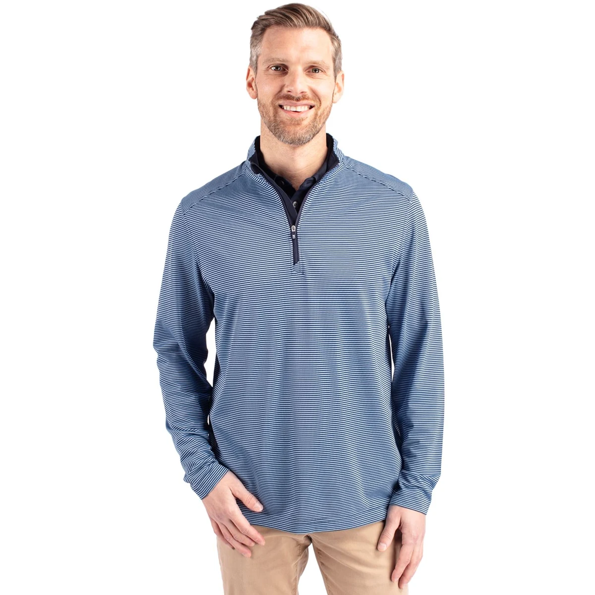 Cutter & Buck Virtue Recycled Micro Stripe Featherlight Pique Mens Quarter Zip Pullover 1