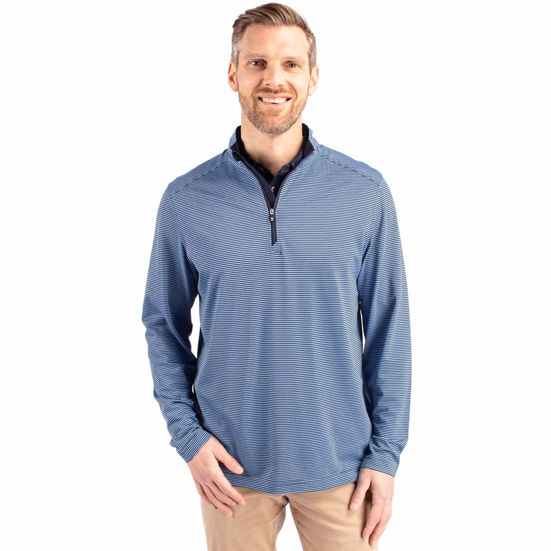 Cutter & Buck Virtue Recycled Micro Stripe Featherlight Pique Mens Quarter Zip Pullover