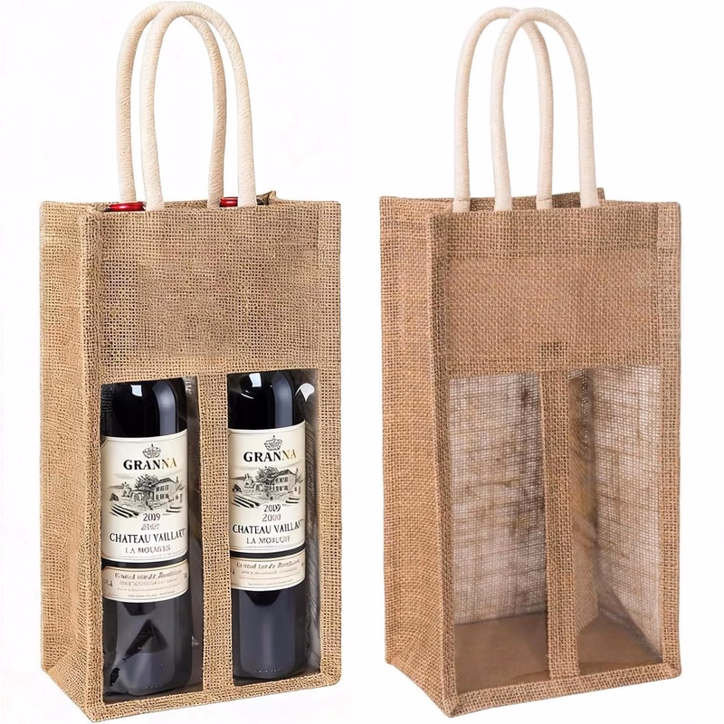 Two bottles of red wine in a linen handbag
