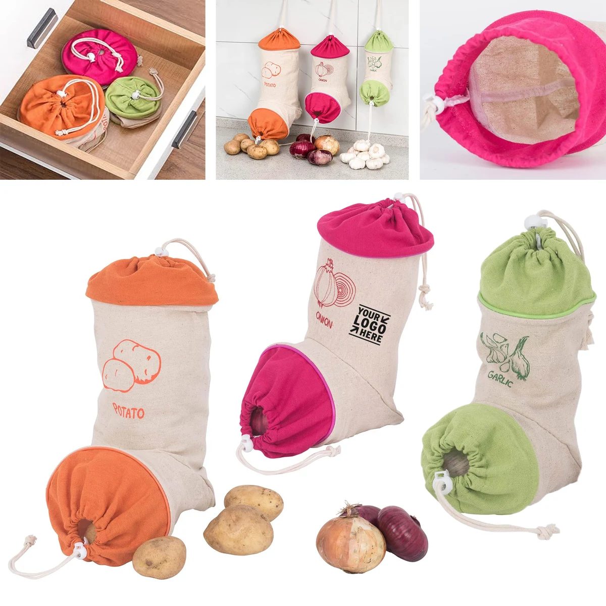 Reusable Hanging Vegetable Storage Dispenser Potato Garlic Bag with Cord Lock 1