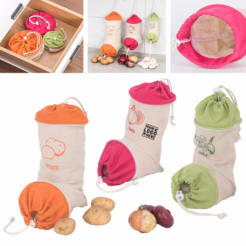 Reusable Hanging Vegetable Storage Dispenser Potato Garlic Bag with Cord Lock