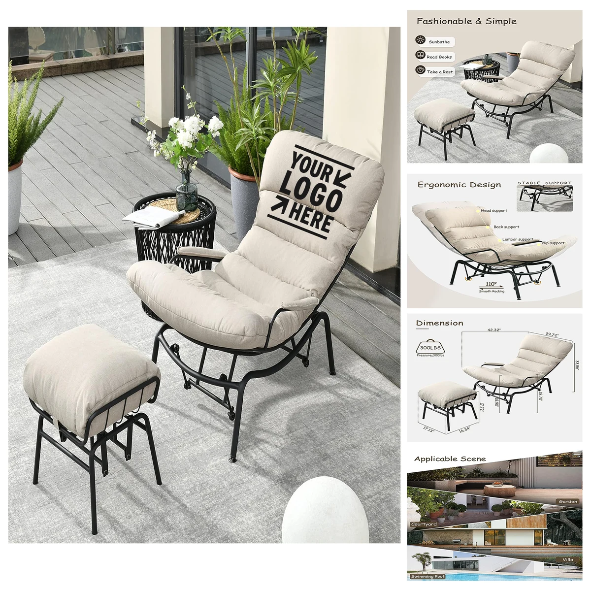 Water Resistant Fabric Perfect Garden Outdoor Rocking Chair with Footrest 1