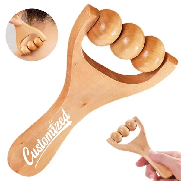 Custom Wooden Triple Roller Handheld Massager — Eco-Conscious Wellness Promotional Gift 1
