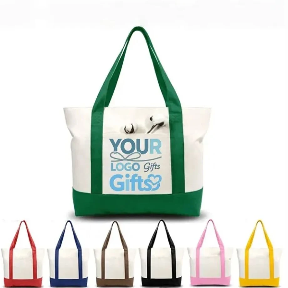 Two-Tone Canvas Tote Bag with Pocket for Daily Shopping Use, custom tote bag with logo imprint 1