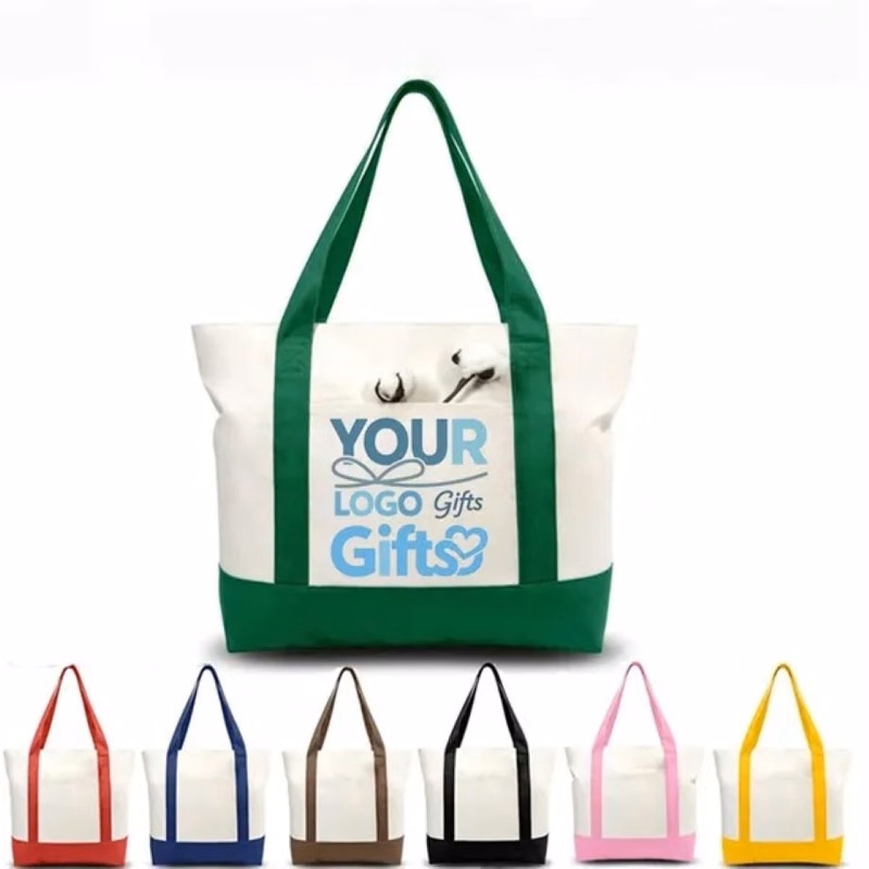 Two-Tone Canvas Tote Bag with Pocket for Daily Shopping Use