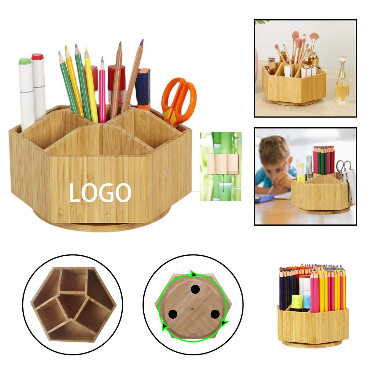 360 Degree Rotating Bamboo Office Pen Holder 1