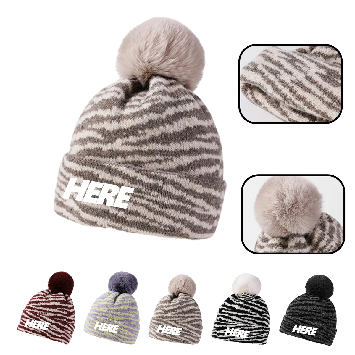 MOQ 20 PCS Pom Striped Knit Beanie 1