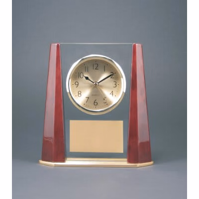 7" Glass Desk Clock with Rosewood Finish Bevel Columns
