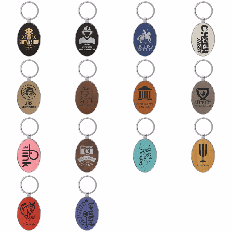 3" x 1 3/4" Laserable Leatherette and Metal Oval Keychain