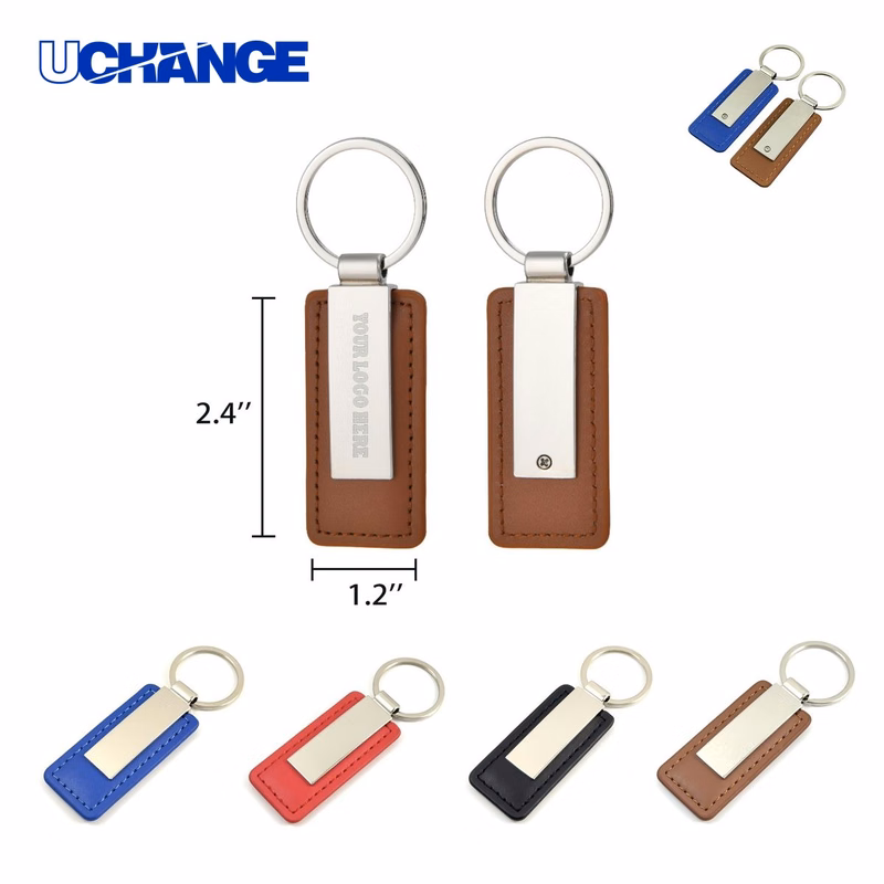 Rectangular Leather Keychain with Metal Plate