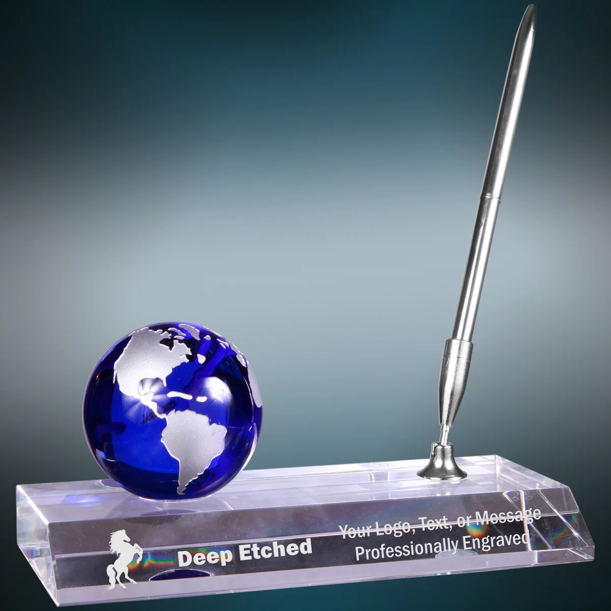 7" x 3" Blue Crystal Globe Award with Base and Pen 1