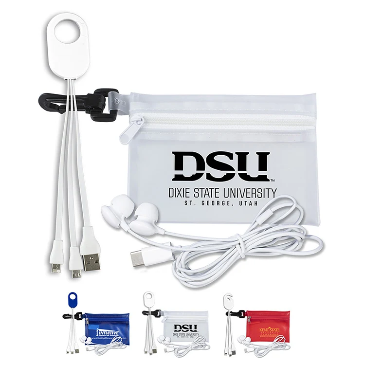 "Cambell" Mobile Tech Earbud and Charging Cables Kit In Translucent Carabiner Zipper Pouch 1