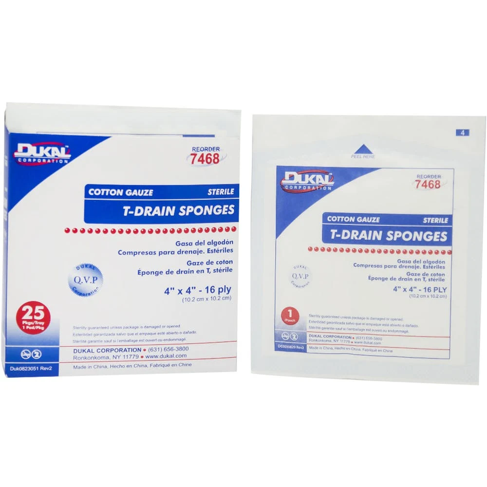 Cotton Sterile T-Drain Sponge - 6 Ply 4" x 4" 25 Pack 1