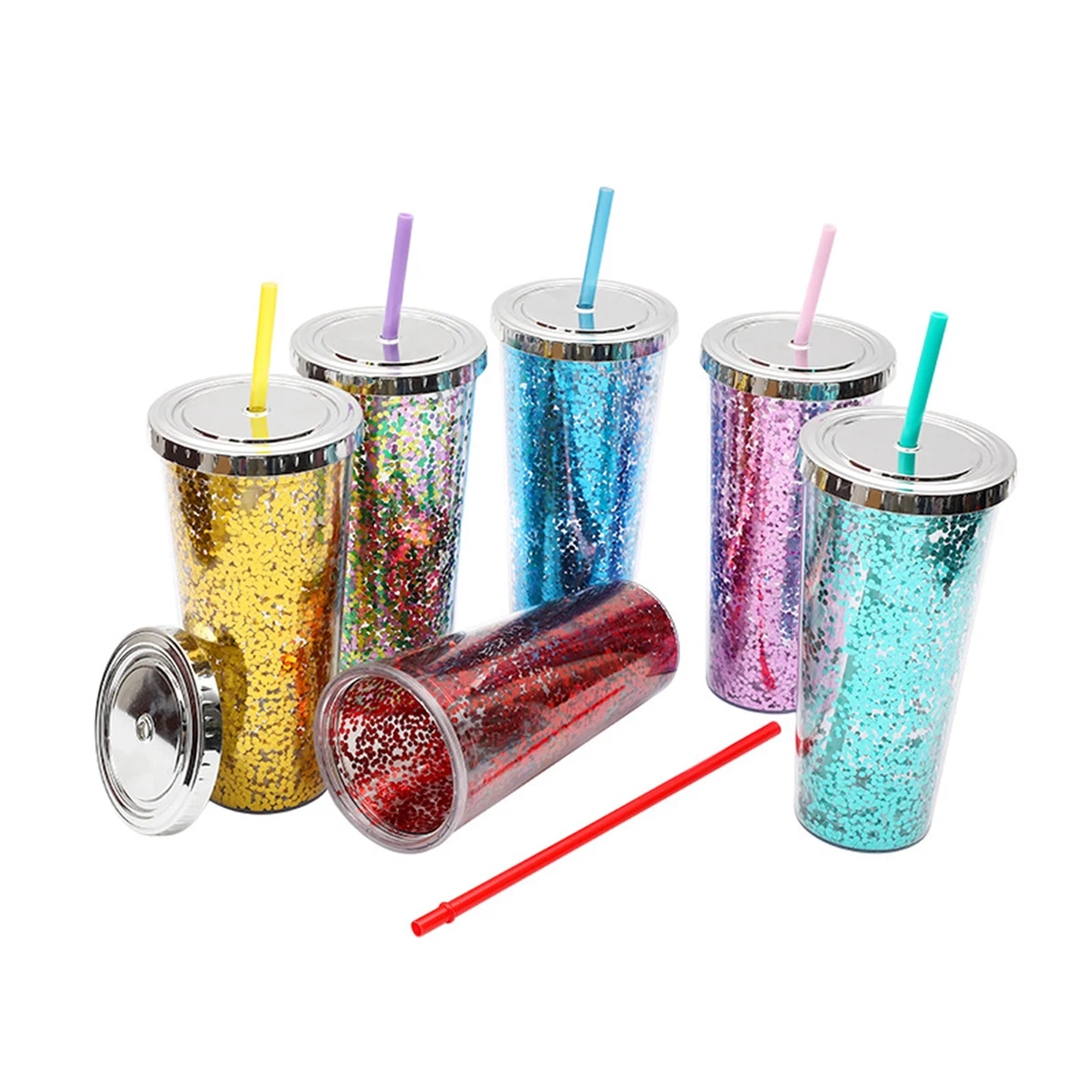 24 Oz. Double Wall Insulated Plastic Glitter Straw Mug 1