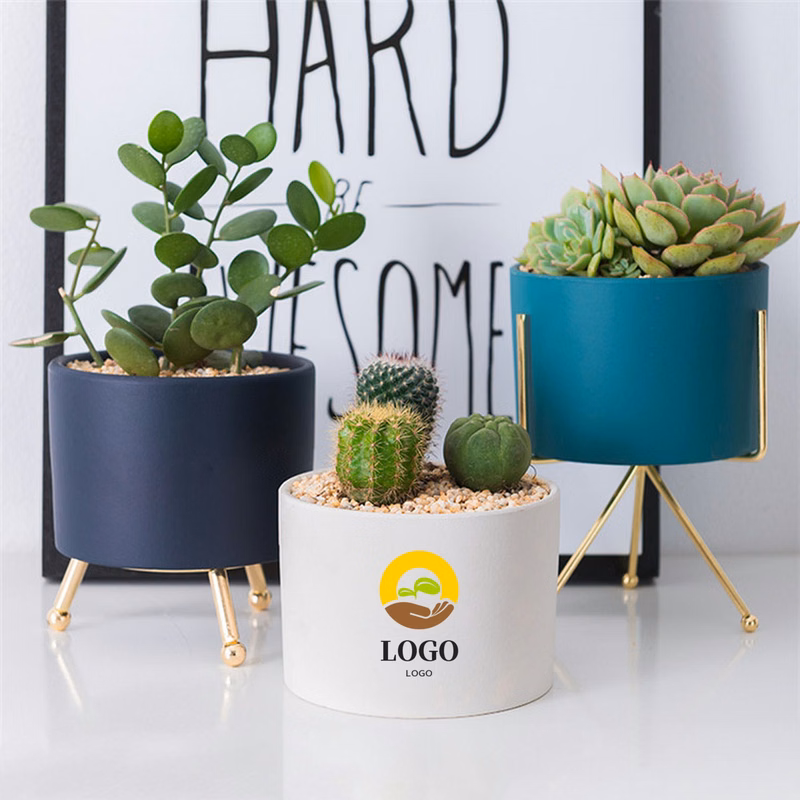 Mid Century Plant Pot With Iron Stand Ceramic Planters