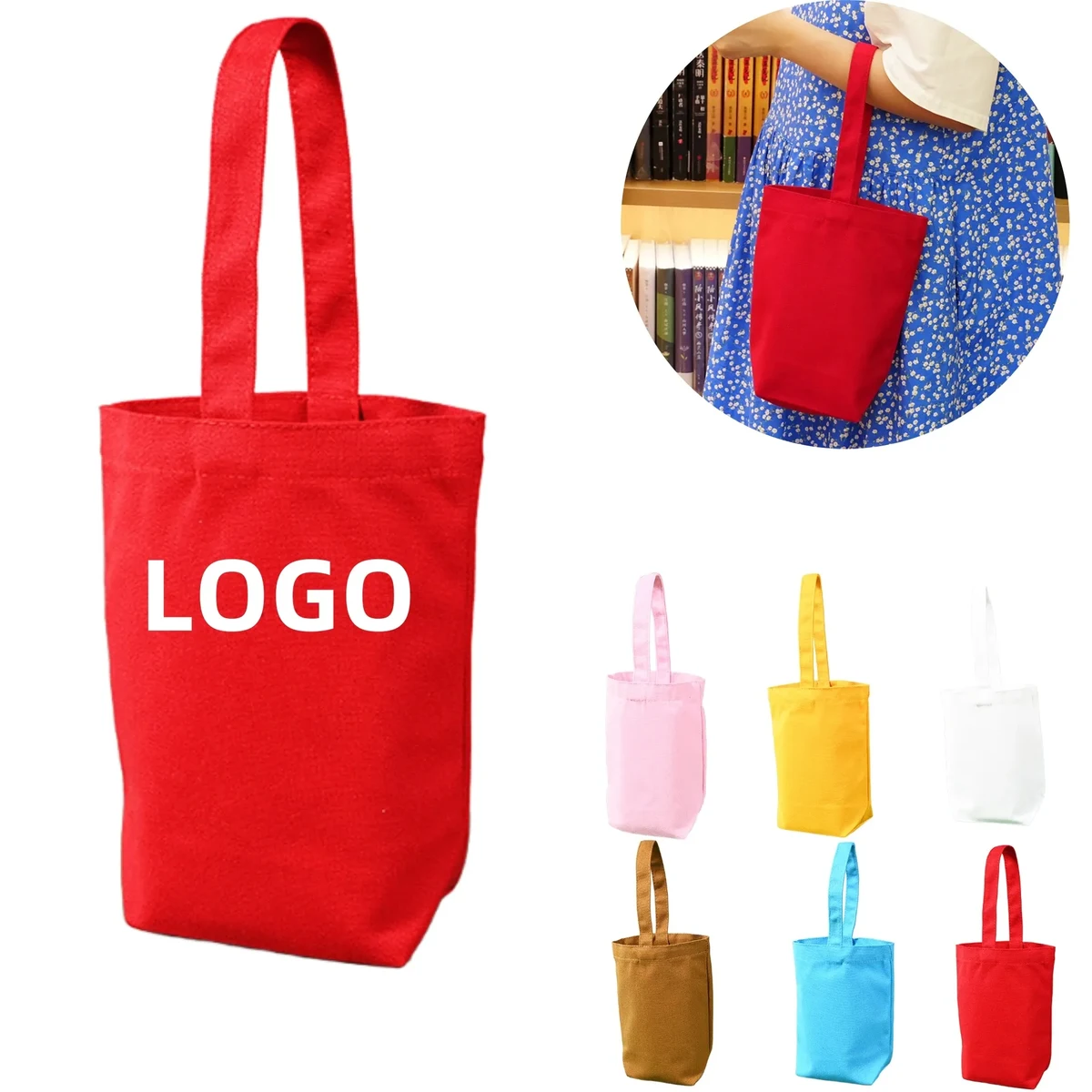 Canvas Bucket Handbag Mini Tote Water Bottle Carrier Bag, custom tote bag with logo imprint 1