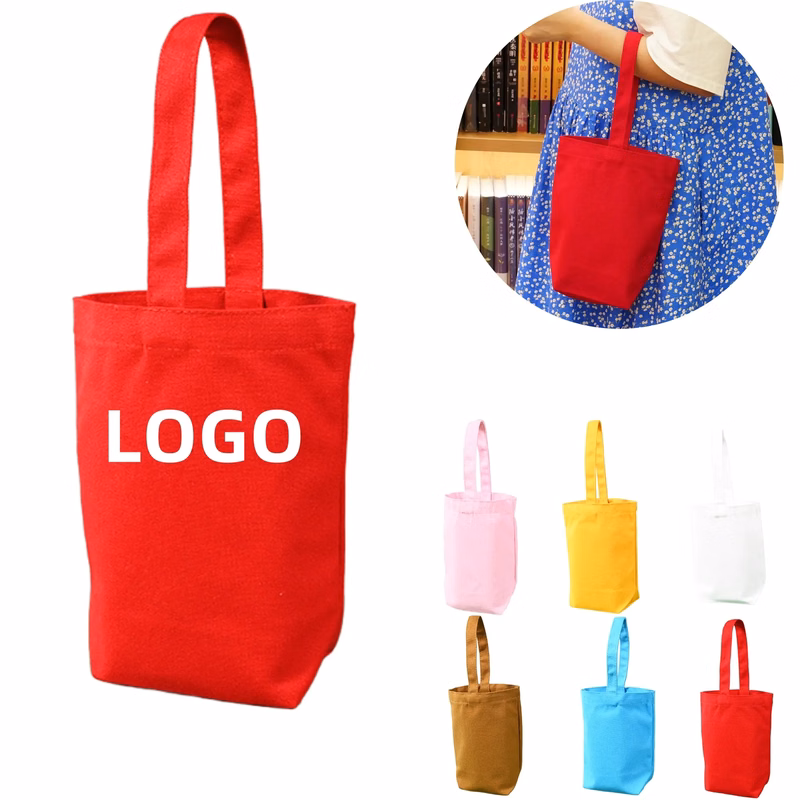 Canvas Bucket Handbag Mini Tote Water Bottle Carrier Bag