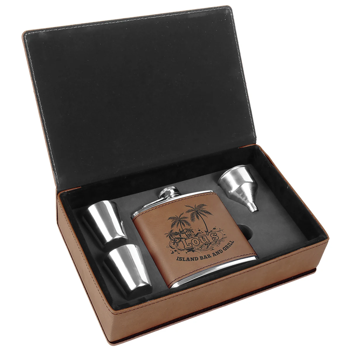 Stainless Steel Dark Brown Leatherette Flask Gift Set 1