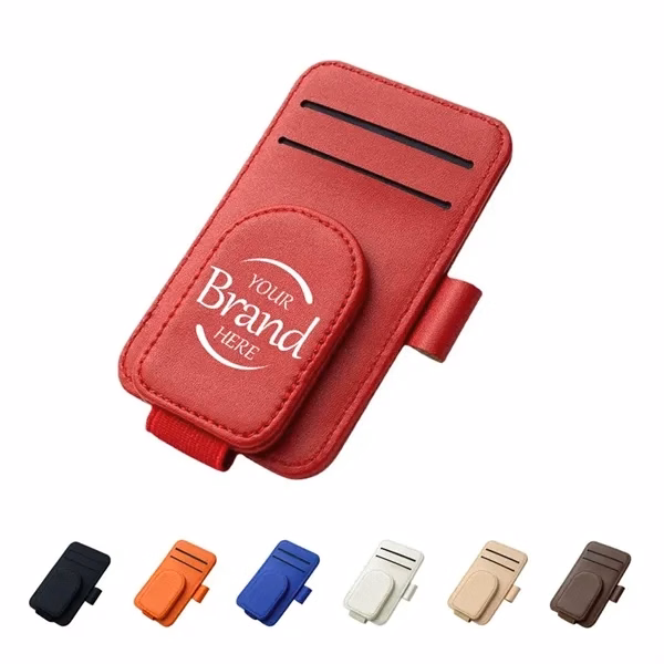 Custom PU Leather Sunglasses Holder with Card Slots — Magnetic Car Visor Clip