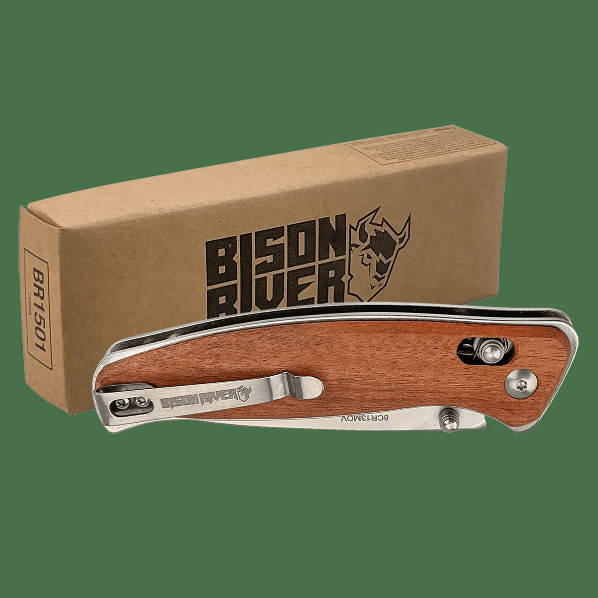 Bison River 4 1/2" Woodgrain Wood Button Lock Folding Knife 1