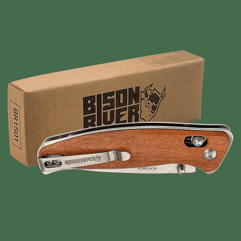 Bison River 4 1/2" Woodgrain Wood Button Lock Folding Knife