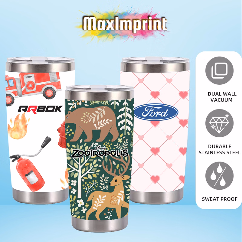 MaxImprint 20oz Stainless Steel Car Cup Tumbler with Lid Full Wrap Full Color Imprint Included