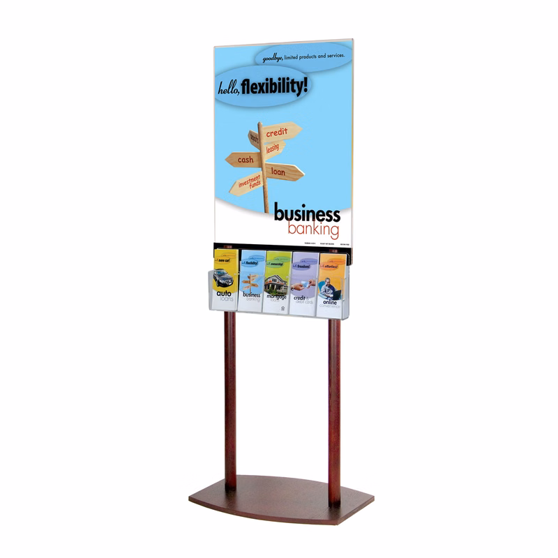 Clear Acrylic & Oak Floor Poster Stand w/ 5Pkt Brochure Hldr