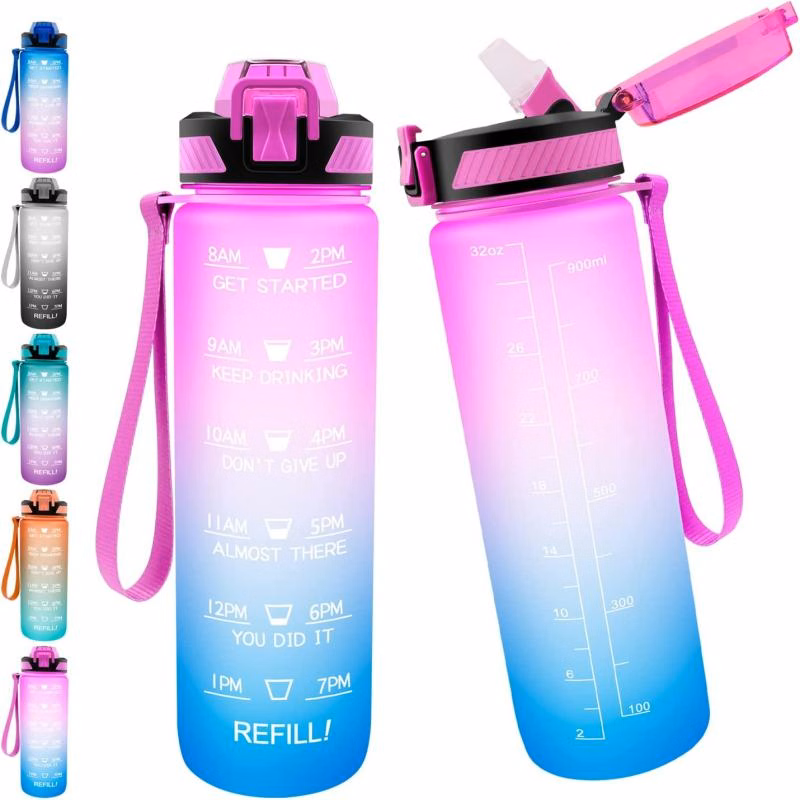 32oz Leakproof Motivational Water Bottle w/Straw & Time Marker