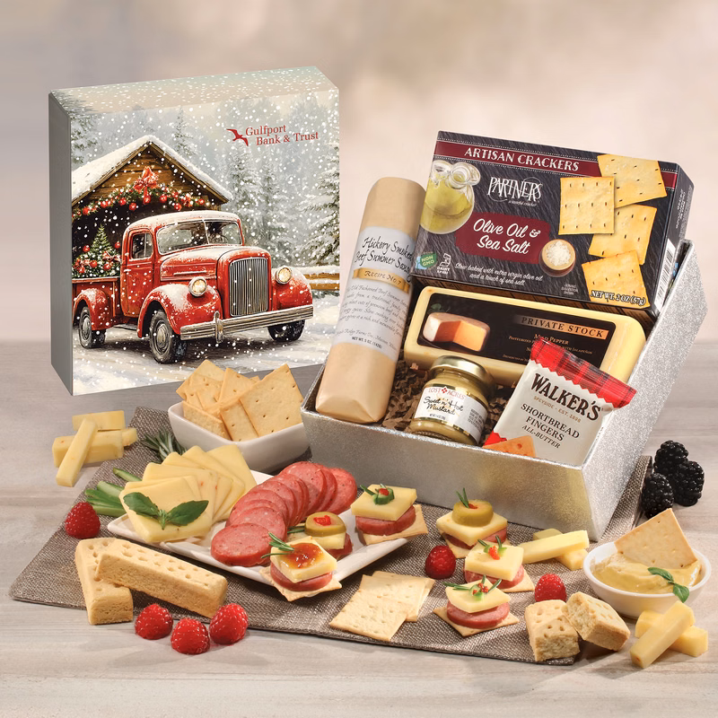 Shelf Stable Snack Lover's Gift Box with Red Truck on Bridge Sleeve