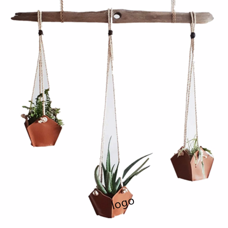 Leather Flower Pot With Hanging Rope